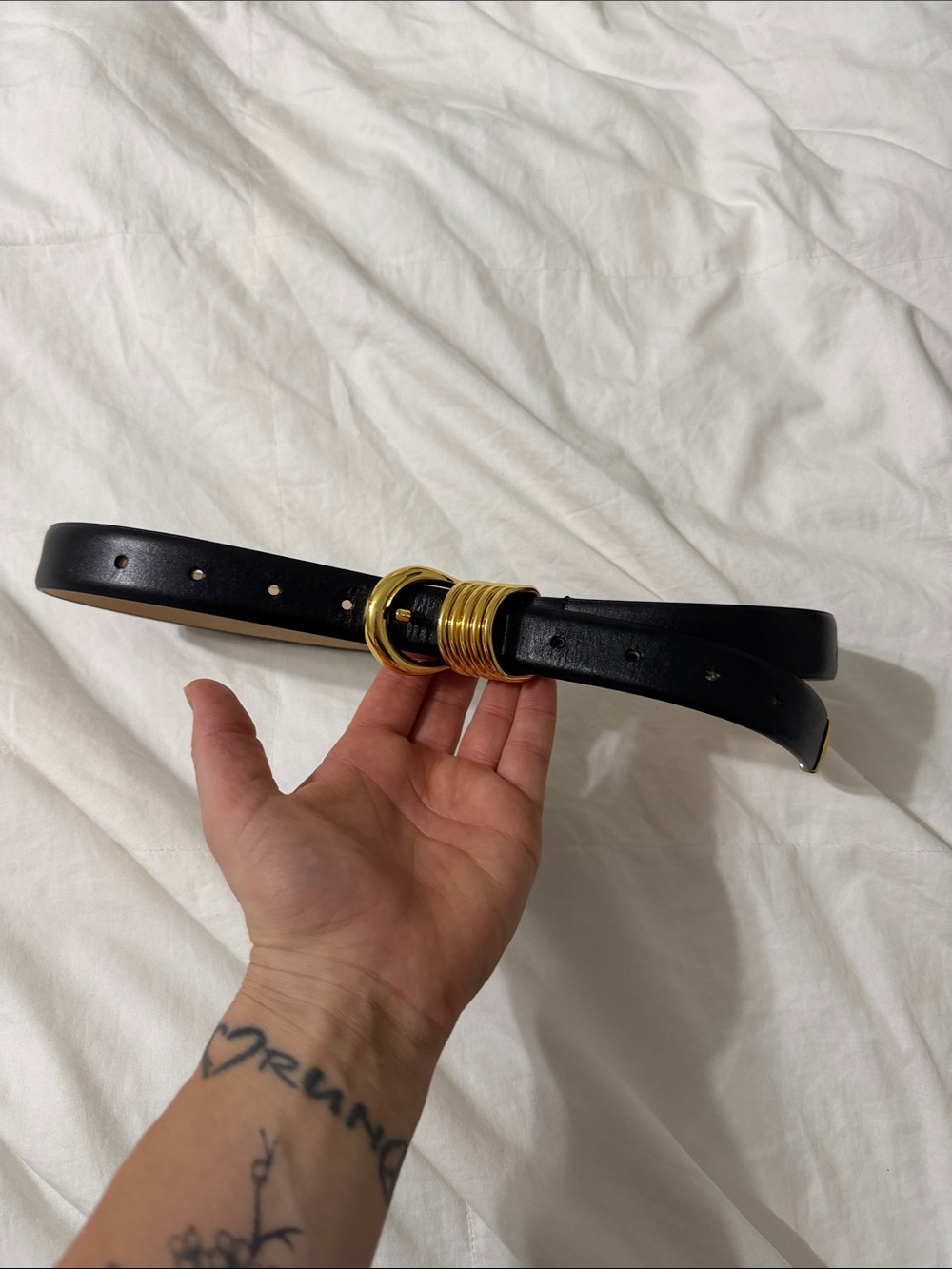 Black Leather Belt with Gold Double-Ring Buckle - Unbranded
